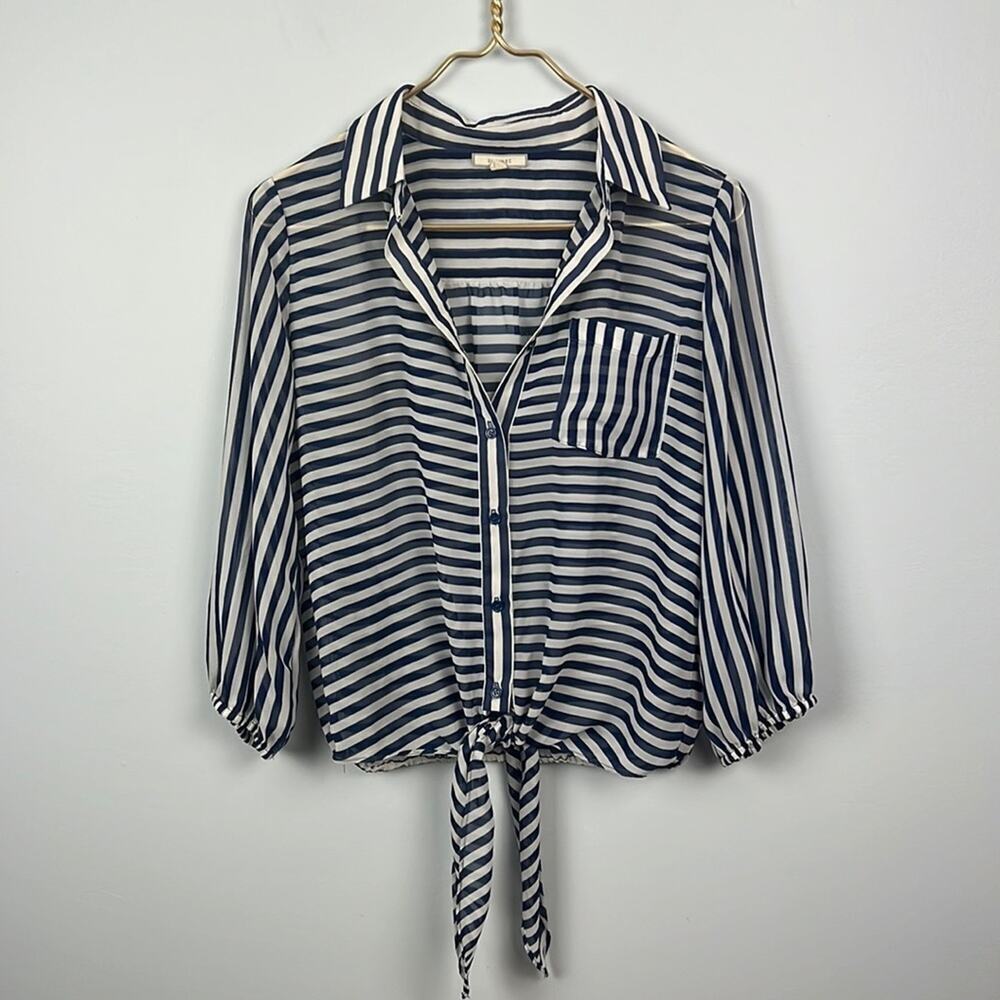 Pleione striped tie front button down sheer blouse size small